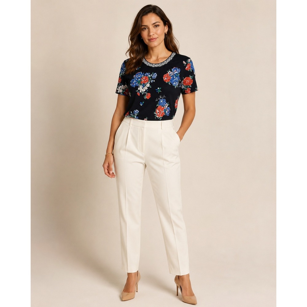 Tory Burch Women's Medium Navy Tea Rose Floral Embellished T-Shirt
